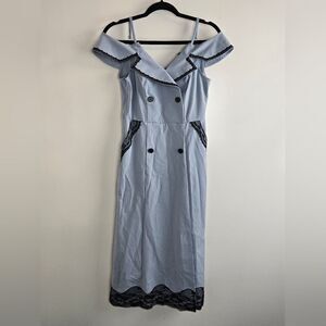 Vintage MAXRIENY Off Shoulder Midi Dress w Lace Accent Sz M Blue